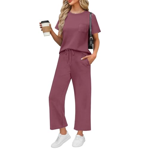 Topassion Zweiteiler Damen Ärmellose/Kurzarm Hosen Mit Weites Bein Hosenanzug 2 Teilig Leicht Tshirt Und Hose Elegant Sommeranzug Casual Sommer Outfits Bequem Jogginganzug Business Anzug(Hot Pink,XL)