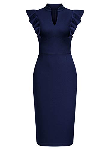 Knitee Women's Vintage Ruffle Sleeve V-Neck Bodycon Evening Party Cocktail Pencil Sheath Dress3
