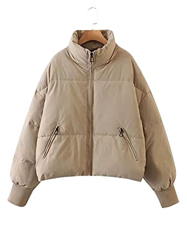 Internos Women's Winter Stand Collar Zip Puffer Jacket Baggy Short Padded Down Coats(0128-Khaki-S) #TOP3