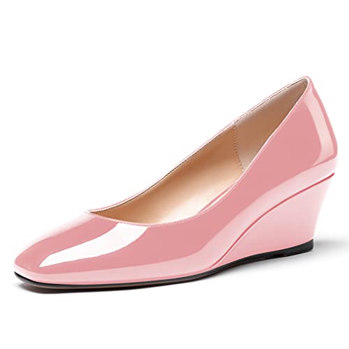 WAYDERNS Women's Slip On Patent Leather Square Toe Low Heel Wedge Pumps Shoes 2 Inch