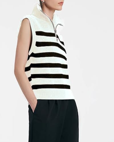 Image of Kedera Women's Striped Sweater Vest V Neck Sleeveless Work Sweater Quarter Zip Knit Vest Top 2024 Trendy Office Outfits