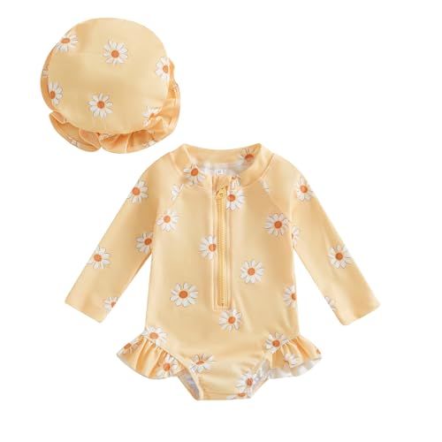 YILEEGOO Toddler Baby Girl Swimming Costume with Hat Long Sleeve Zip Up Floral Ruffle Swimsuit Girls One Piece Swimwear Bathing Suits Summer Beachwear (Yellow, 12-18 Months)