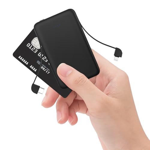 Sethruki Smallest Portable Charger with Built-in Cables 5000mAh Ultra Slim Power Bank Mini High Speed External Battery Packs Lightweight USB C Phone Charger for iPhone Samsung Google Android (Black)