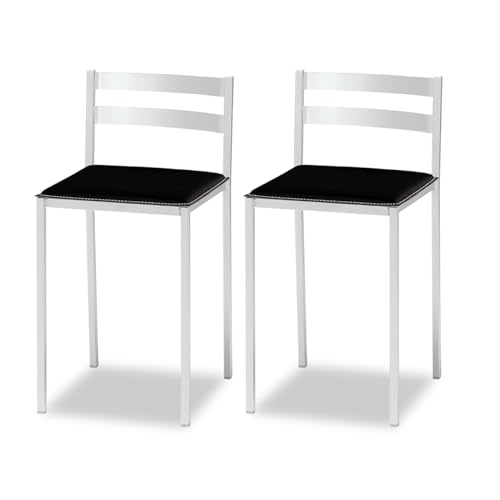 2 Taburetes de Cocina con Respaldo bajo, Franjas horizontales y Asiento tapizado - Estructura Color Blanco - Asiento en Polipiel Negro