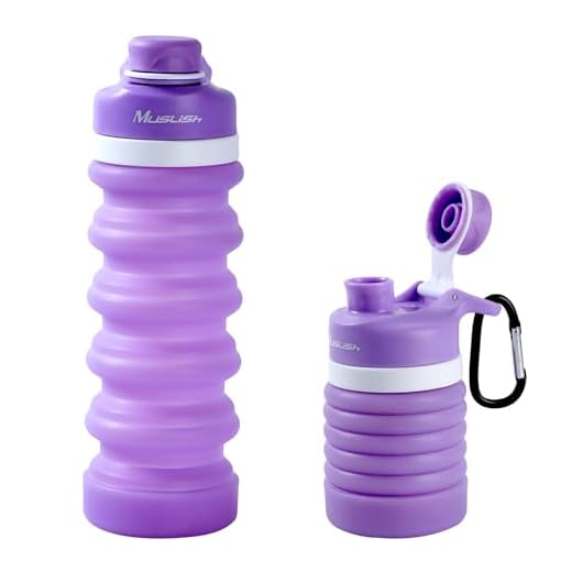 Muslish Collapsible Water Bottle 18oz(550ml), BPA Free Silicone Foldable Water Bottles for Travel Gym Camping Hiking, Reuseable Portable Leak Proof Sports Water Bottle with Carabiner(Lilac)