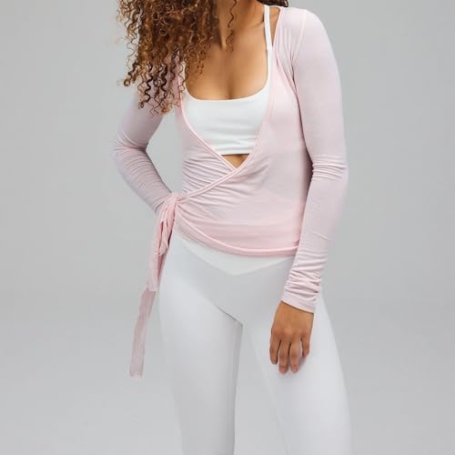 Image of Womens Slim Fit Tie Front Open Front Wrap Long Sleeve T Shirt Y2K Ballet Going Out Cardigan Aesthetic Casual Tops