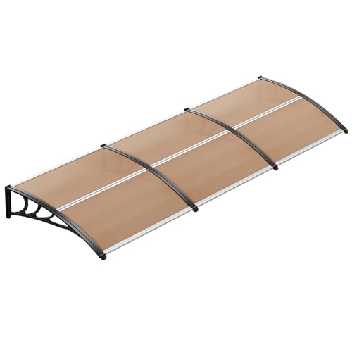 LIFERUN Pensilina Tettoia per Porta Balcone Esterno, 270 x 98.5 cm, Tetto Policarbonato Alveolare Trasparente, Protezione solare e dalla pioggia,Marrone scuro