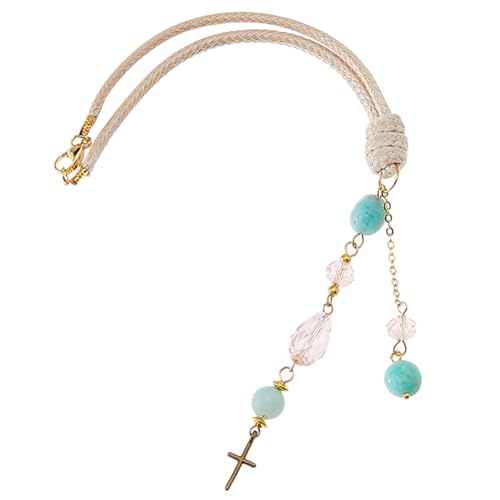 DICOSMETIC Rear View Mirror Accessories Cross Car Hanging Ornament Natural Stone Christian Car Accessories Cross Rearview Mirror Hanging 22.5cm Pink Glass Crystal Cars Decor for Women Men, BurlyWood