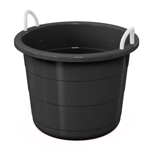 19 Gallon Rope Handle Tub Large Plastic Storage Bucket Portable Indoor and Outdoor Buckets for Kitchen, Laundry, Garden, Bathroom, and Garage Organization, Black