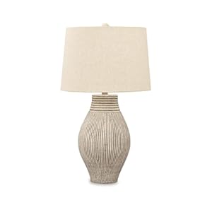 Signature Design by Ashley Layal Modern Table Lamp, Textured Paper Composite Base, Modified Drum Shade, 3-Way Switch Lighting for Living Room or Bedroom, 16 Inch Diameter, Neutral
