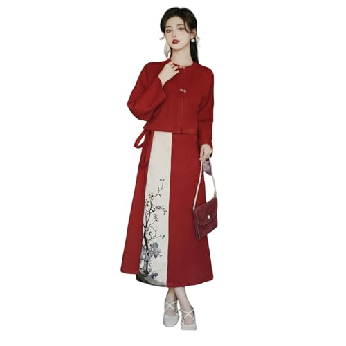 Jupe Hanfu visage de cheval rouge style national chinois d'automne pour femme