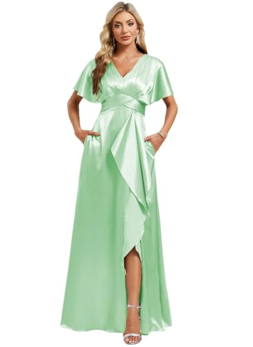 Image of Elegant Satin Bridesmaid Dress with Sleeves Ruffles High Silt Formal Dresses Long for Women Fall DIN022