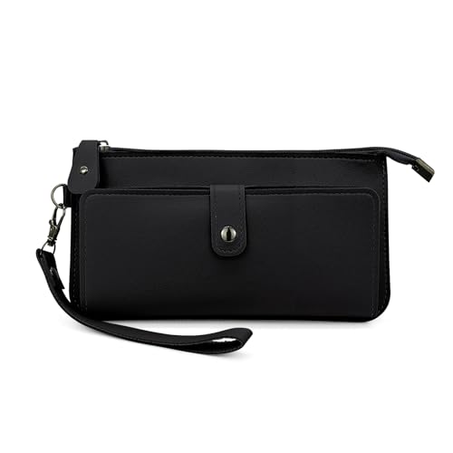 Long Handheld Wallet, Multiple Card Slots Women’s Bag with a Double Folding Buckle Zipper Design, Card Holder for Storing ID Cards, Money and Mobile Phones (Black) - Main Image