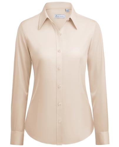 siliteelon Button Down Shirts for Women: Wrinkle Free Long Sleeve Classic Fit Collared Dress Shirt Solid Formal Office Beige M