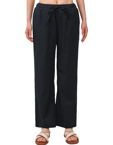 Bonnorth Women's Cotton Linen Elastic Drawstring Waist Loose Wide Leg Solid Pants with Pockets