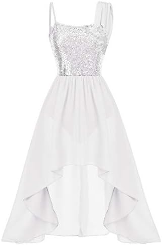 ODASDO Women Lyrical Dance Dress Modern Contemporary Ballet Costume Ballroom Dancewear Flower Applique Shiny Sequins Spaghetti Strap Asymmetric Chiffon Flowy Skirt Tank Bodysuit Clothes White S