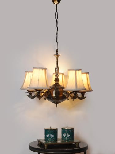 Image of Devansh 05 Lights Off-White Round Cotton Shade with Antique Golden Chandelier -H