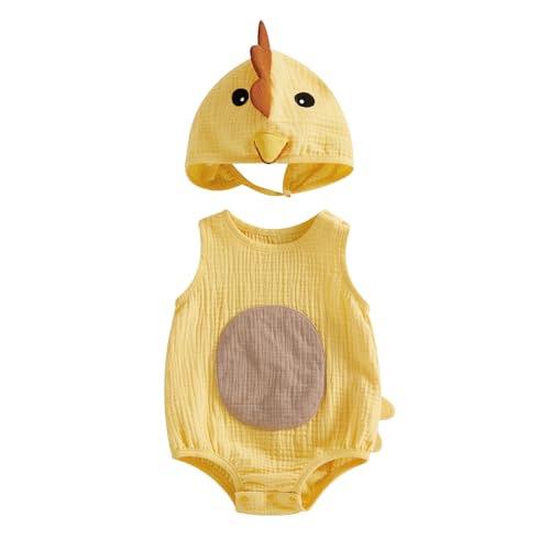 SAYOO Baby Boy Linen Cotton Bodysuit Sleeveless Button Down Basic Romper Shirt Dinosaur Animal Hat 2Pcs Newborn Layette Set (Yellow Chicken 6-9 Months)