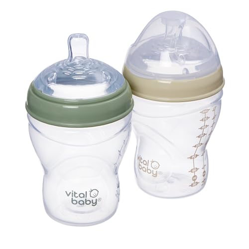 Vital Baby Breast-Like Baby Feeding Bottles 0m+, 240ml, Self-Sterilising in 3 Mins, Triple Anti-Colic Valves, Slow Flow Teats, EarthSmart Biodegradable, BPA-Free, 2 Pack