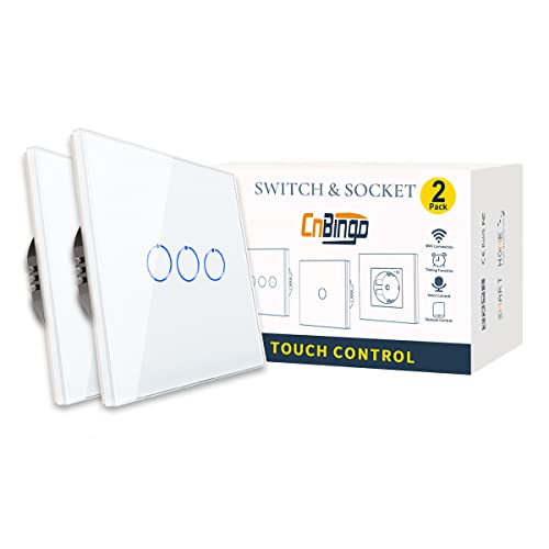 2 paquetes CNBINGO Interruptor WiFi/WLAN, Smart Touch Switch Work con Alexa/Google Home, panel de vidrio del sistema táctil y LED de estado, 3 bandas de 1 vía Blanco, escala neutral se requiere Cover