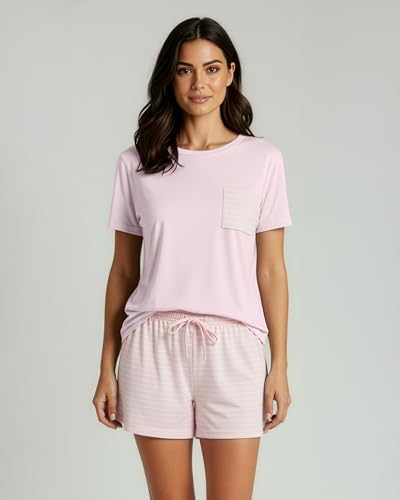 Image of Real Essentials 2 Pack: Women's Short Sleeve Pajama Short Set - Comfy Lightweight Soft Lounge Sleepwear (Plus