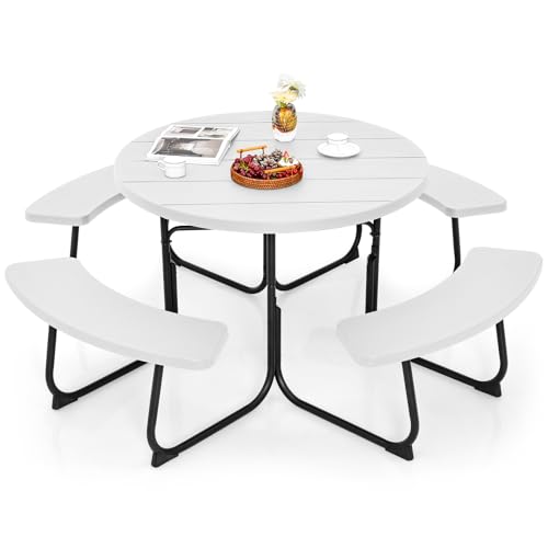 GOPLUS Table de Pique-Nique avec 4 Bancs Intégrés pour 4 à 8 Personnes, Table Jadin Exterieur en HDPE avec Trou pour Parasol,Ronde en Plein Air, Cadre en...