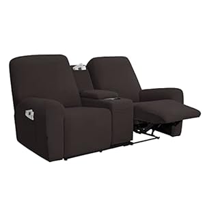 Easy-Going Stretch Recliner Loveseat Cover with Center Console Sofa Slipcover Soft Fitted Fleece 2 Seats Couch with Holder and Storage Washable Furniture Protector Chocolate