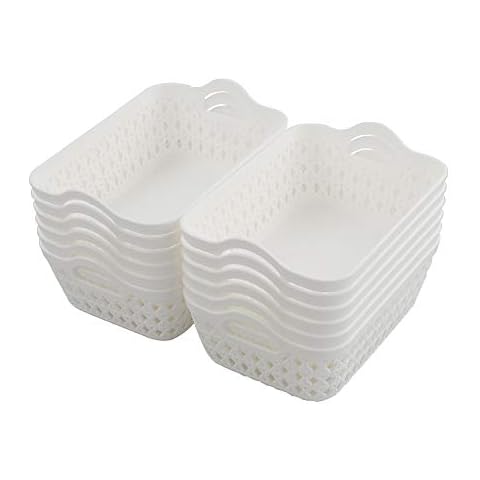 CadineUS Small Plastic Basket Set of 12, White Office Organizer Baskets with Handle Cover