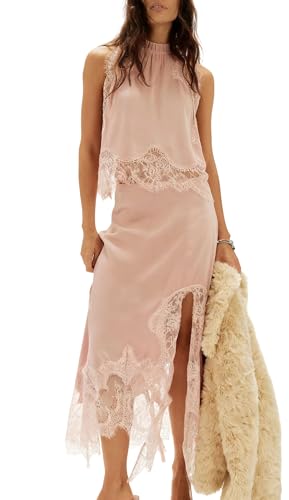 QLQLWDD Women Satin 2 Piece Maxi Skirt Set Lace Trim Backless Tank Top Silk Slip Long Skirt Asymmetrical Outfits(A Pink s)
