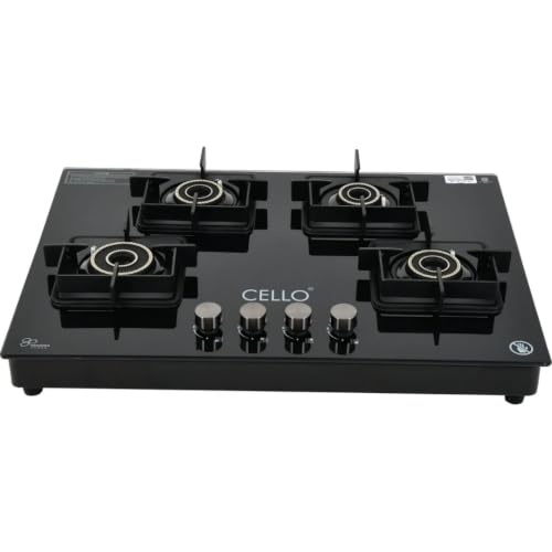 Image of Cello Pearl Plus Hob-Top 4 Burner | Manual Ignition | 8mm Toughened Glass | Flower Design Brass Burners | 1 Year Warranty by Cello | Black