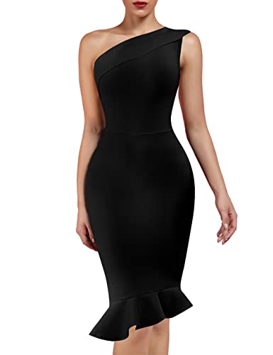 UONBOX Women's One Shoulder Sleeveless Bodycon Dress Midi Mermaid Party Bandage Dress