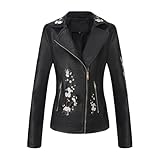 Oplxuo Women Faux Leather Jacket Embroidered Floral Moto Biker Coat Lapel Long Sleeve Zip Up Jackets with Zipper Pockets