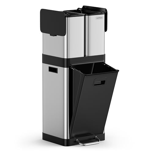 VonHaus Kitchen Triple Bin 32L Vertical Recycling Bin Stainless Steel Three Section Food Waste Separation System 1 x 20L Main Compartment & 2 Removable 6L Counter Top Caddies Narrow Trash Can