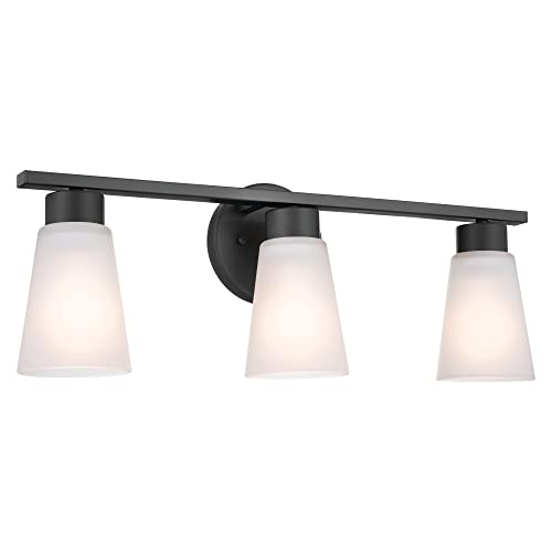 Image of Kichler Stamos 3-Light Bathroom Vanity Light Fixture with Satin Etched Glass Shades, 22 in Modern Wall Light in Black for over Mirror (22 in x 5 in x 8 in), 52608BK