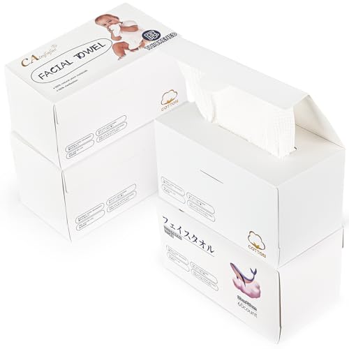 CATMFMFOX 使い捨てフェイスタオル、コットン製、ソフトクレンジングタオル、スキンケアクレンジングタオル、吸収性、メイク落とし、毛羽立ちなし、洗顔 (4箱240枚)