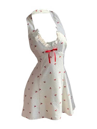 Floerns Women's Cherry Print Bow Halter Top Dress Backless A Line Cute Mini Dresses White Multi X-Small