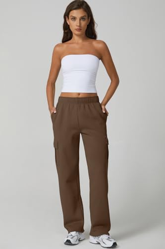 Image of QINSEN Baggy Medium Waist Elastic Sweatpants for Womens Casual Long Fleece Cargo Pants with Pockets