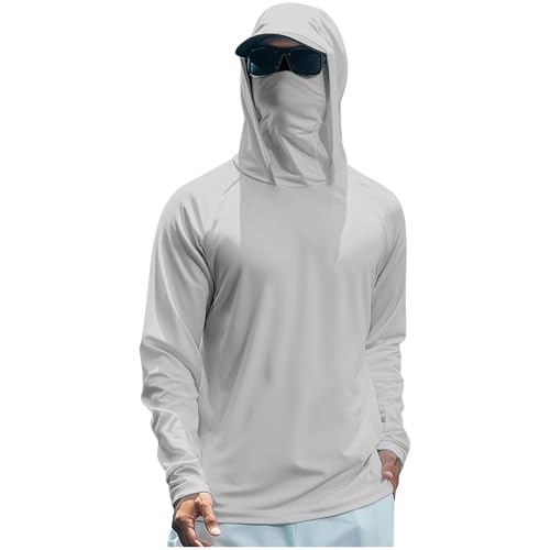 Mens Long Sleeve Sun Protection Shirts with Mask UPF 50+ Fishing Rash Guard Hoodies Hiking UV Shirts with Hooded