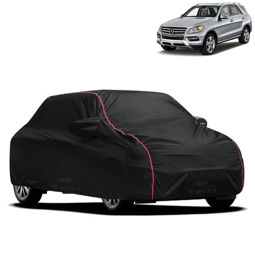 Image of Waterproof Car Cover for Mercedes Benz MClass | All-Weather Protection, Dustproof & UV Resistant | Triple Stitched Mirror Pockets, Windproof Buckle Strap with Elastic Hem, Black-Red Piping