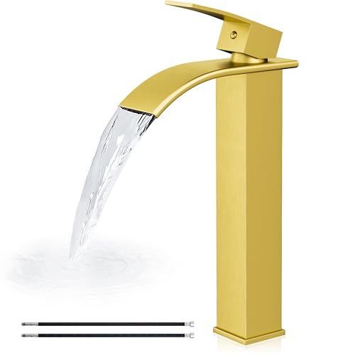 Airuida Vessel Sink Faucet, Tall Waterfall Bathroom Faucet, Single Handle One Hole Mixer Bowl Tap with Large Rectangular Spout, Bar Sink Faucet Lavatory Vanity-Brushed Gold