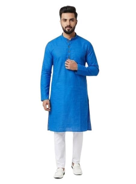 Men's Blue Soft Cotton Kurta with Pajama Set Mandarin Collar and Full Sleeves (S)-image-15