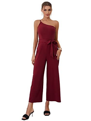 Umenlele Women's Casual One Should Strap Tie Waist Sleeveless Wide Leg Jumpsuit Romper With Pockets Wine Red Medium #TOP5