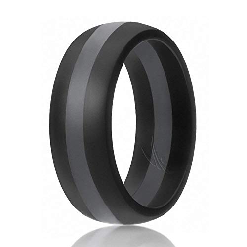 ROQ Silicone Rubber Wedding Ring for Men, Comfort Fit, Men's Wedding Band, Breathable Rubber Engagement Band, 8mm Wide 2mm Thick, Dome Style Middle Line, Solid Stripes, Single, Black & Grey, Size 11