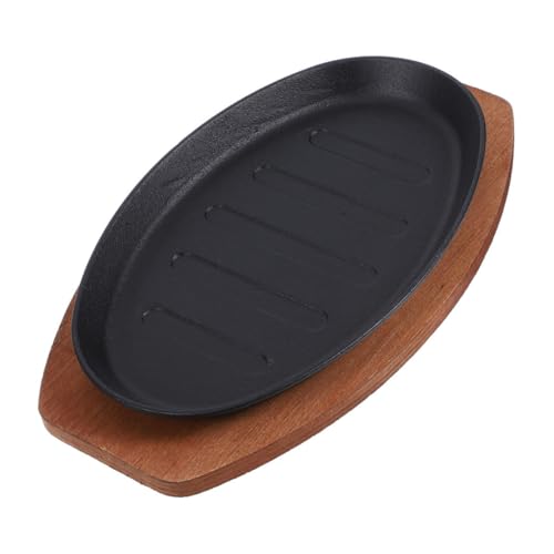 Amosfun Cast Iron Steak Teppanyaki Grill Plate Sizzling Plate for Indoor Cooking Wooden Base Steak Grill Pan for BBQ Hot
