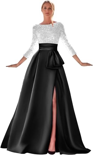Long Sleeve Formal Dresses for Women 2025 Satin Sequin Ball Gowns A Line Corset Sparkly Evening Dresses with Slit