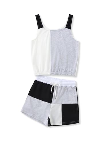 Image of Size 7-14Y Girls Clothes 2 Piece Outfits Striped Tank Top Drawstring Shorts Teen Girls Summer Clothing Sets