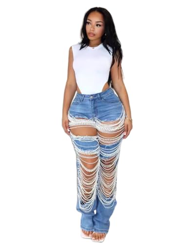 Women's Casual Jeans, Y2k Trendy Clothing, Stylish Personality, High Waist Straight Pants, Ripped Pearl Chain, Elastic Pants