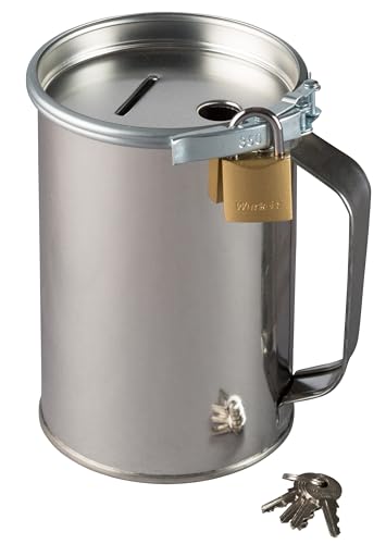 Spendendose mit Griff und Schloss, abschließbar, Sammeldose mit Griff, Sammelbüchse, Spardose