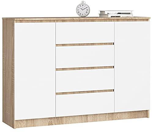 AKORD Kommode K 140 cm 4 Schubladen und 2 Türen | zum Wohnzimmer Schlafzimmer Arbeitszimmer | Modernes funktionales Design | Schichtstoffplatte Farbe Sonoma/Weiß