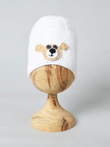 Image of Handmade Knitted Self Design Woolen Beanie Cap for Kids - White & Red 6-12 M | Winter Cap for Baby | FUNCAP56-6-12 M